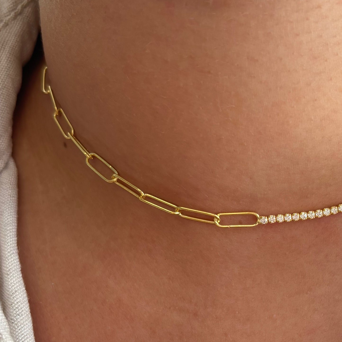 925 Ayar Gümüş Altın Kaplama Zirkon Taşlı Ataç Model Choker Kolye
