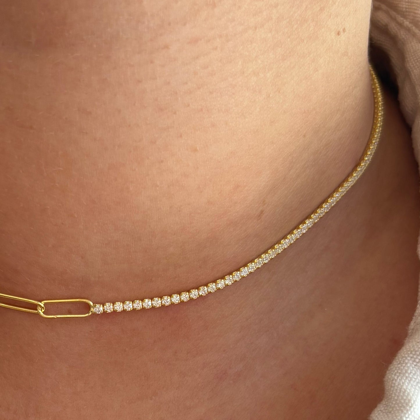 925 Ayar Gümüş Altın Kaplama Zirkon Taşlı Ataç Model Choker Kolye